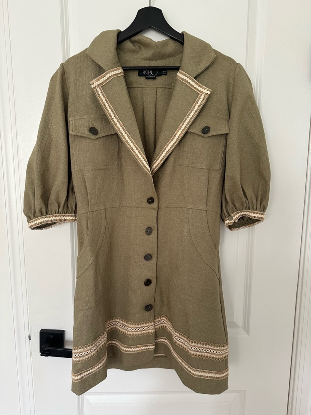 PatBO Olive Textured Open Jacket with Cream Trim